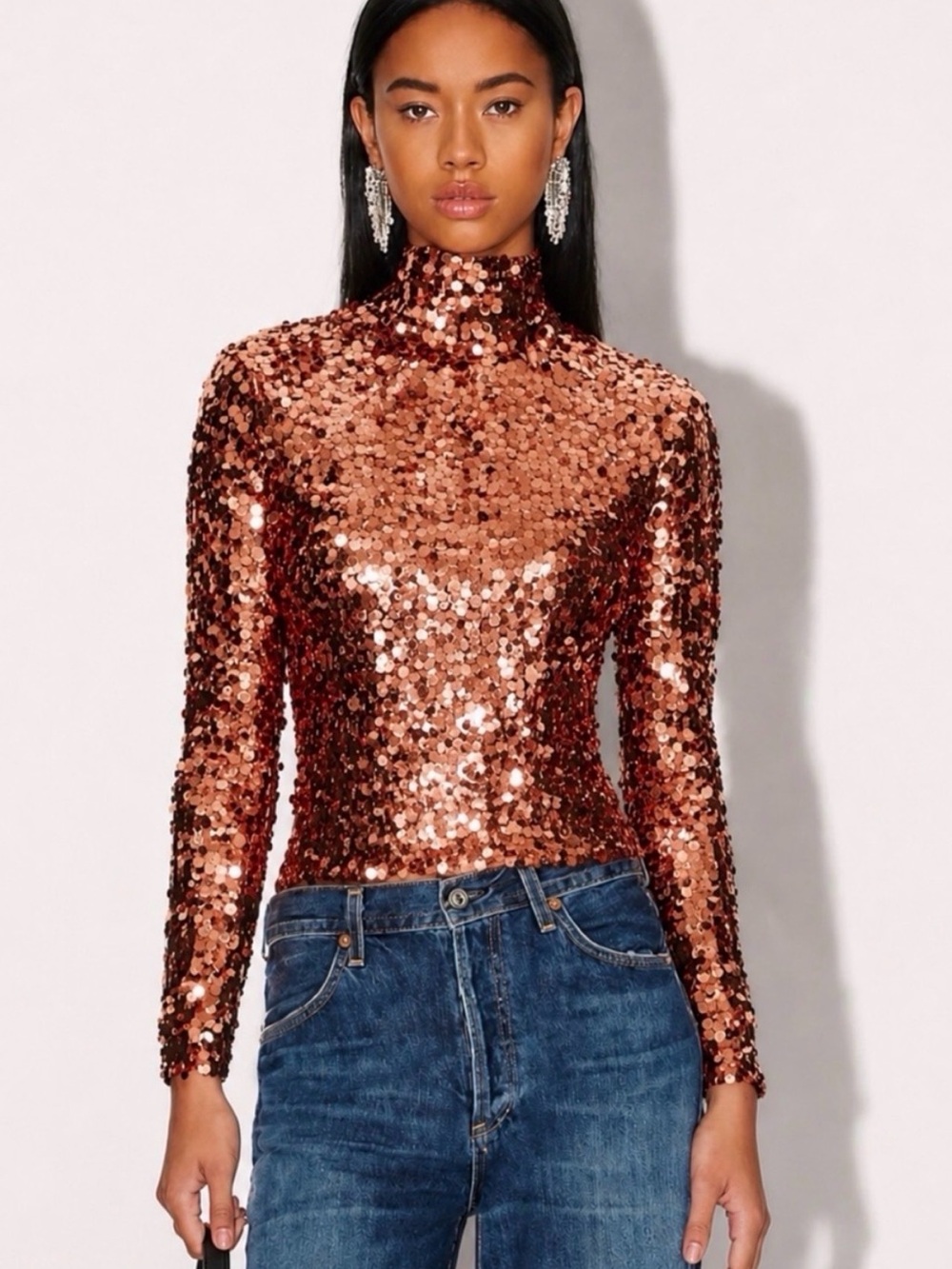 SMYTHE Paillette Rose Gold Sequin Mock Neck Top Size S